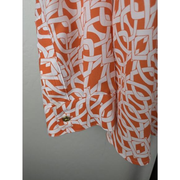 Chico's 3 XL Orange Print Collared Long Roll Tab Sleeve Button Front Blouse - Picture 6 of 7